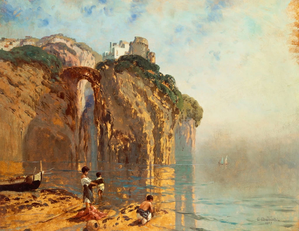 Vista del golfo con persone sulla spiaggia